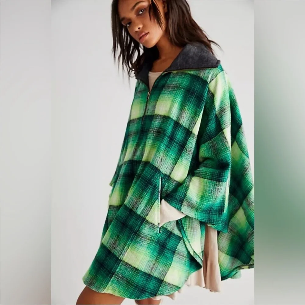Free People – Woodstock Brushed Plaid Oversized Poncho – Green Black – Sz. OS